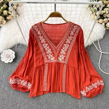 Женская вышитая крючком рубашка с рукавами-фонариками, короткая женская модная блузка, весенний ретро-топ в этническом стиле, блузы One Size темно-синий