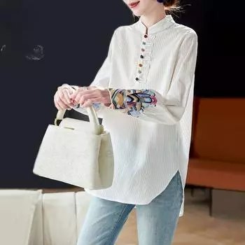 Женская вышитая полосатая рубашка с длинными рукавами в китайском стиле для повседневных и универсальных образов M