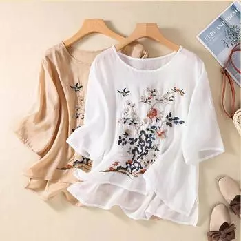 Женская вышитая рубашка с цветочным принтом, блузки, свободный модный топ с коротким рукавом в китайском стиле с круглым вырезом, лето XXXXL белый