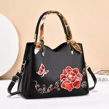 Женская вышитая сумка, универсальная модная женская сумка с вышитым цветком, большая вместимость, сумка через плечо length 27 height 20 thickness 13 чёрный