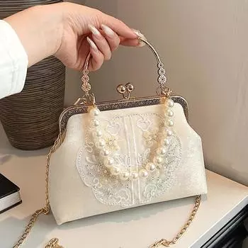 Женская вышитая вечерняя сумочка, клатч через плечо с цепочкой и жемчугом, кошелек с верхней ручкой, вышитая сумка через плечо, вечерняя сумочка для свадебной вечеринки
