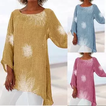 Женская высокая низкая туника Топ с коротким рукавом Футболка с круглым вырезом Блузка с цветочным принтом