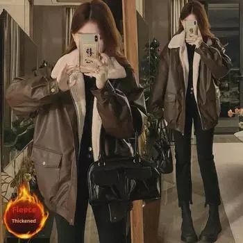 Женская высококачественная американская мотоциклетная парка из кожи и хлопка с бархатной подкладкой – зимняя версия (Корейский стиль, свободный крой) S чёрный