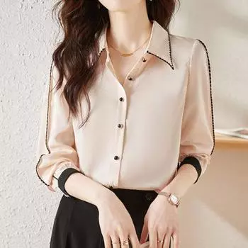 Женская высококачественная атласная деловая повседневная офисная женская рубашка в корейском стиле, элегантная шикарная блузка, тонкие топы с длинным рукавом S абрикосовый