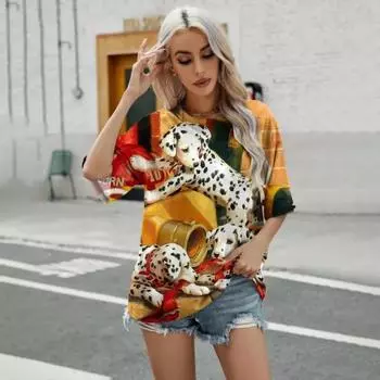 Женская высококачественная футболка с круглым вырезом, футболка с ретро-цветочным принтом, модная футболка с принтом, элегантная футболка с короткими рукавами S