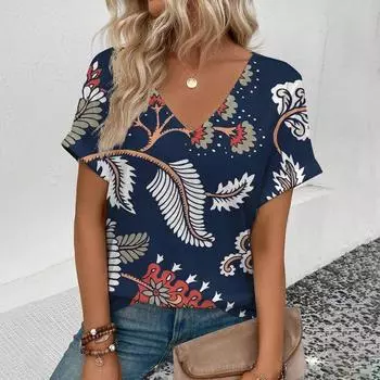 Женская высококачественная футболка с V-образным вырезом, ретро-цветочный узор, модный принт, элегантная женская футболка с короткими рукавами S