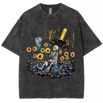 Женская выстиранная футболка с принтом подсолнуха и черепа, летняя свободная большого размера, с полурукавом, унисекс, в американском ретро-стиле, уличный топ S