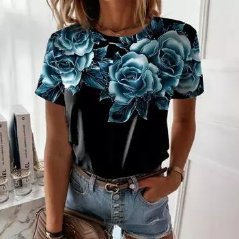 Женская взрывная индивидуальность модная футболка с 3D цветочным принтом Повседневная уличная одежда с коротким рукавом женская модная футболка XS