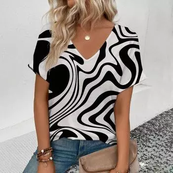 Женская взрывная мода 3D Line изогнутая футболка с принтом, уличная одежда Harajuku футболка с V-образным вырезом Крупная одежда летняя модная тенденция женская с коротким рукавом XS