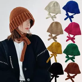 Женская Y2k Милая Зимняя Теплая Ветрозащитная Вязаная Шапка Корейский Стиль Шапки Защитные Уши Завязка Пуловер Шапка синий