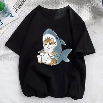 Женская забавная футболка Kawaii Cat Shark с принтом животных Y2K, модные топы с принтом 90-х годов, футболка для девочек, черная, белая одежда S
