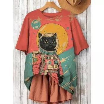 Женская забавная футболка с принтом животных и кошек, футболки с коротким рукавом, топы с 3D-принтами, рубашки с круглым вырезом, летняя повседневная женская одежда S