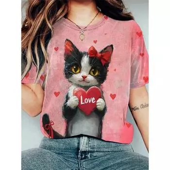 Женская забавная футболка с принтом животных и кошек, футболки с коротким рукавом, топы с 3D-принтами, рубашки с круглым вырезом, летняя повседневная женская одежда S