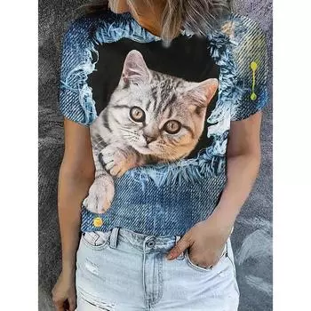 Женская забавная кошачья 3D-печать футболка с коротким рукавом футболки топы 3D-печать рубашка с круглым вырезом летняя повседневная женская одежда S