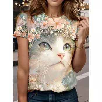 Женская забавная кошечка 3D принты футболка короткий рукав футболки топы 3D принты круглый вырез рубашка летняя повседневная женская одежда одежда S