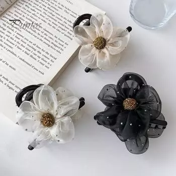 Женская заколка для волос, безопасная для кожи головы, марлевая заколка для волос с цветочным узором, долговечная, полузакрытая, конский хвост, зажим-акула, зажим для женщин, шиньон чёрный