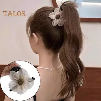 Женская заколка для волос, безопасная для кожи головы, марлевая заколка для волос с цветочным узором, долговечная, полузакрытая, конский хвост, зажим-акула, зажим для женщин, шиньон чёрный