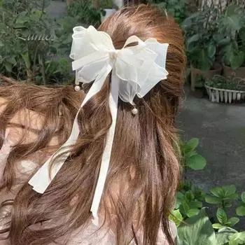 Женская заколка для волос из сетчатой пряжи, лента, бант, декоративная мультяшная заколка для волос с длинным хвостом, милые аксессуары для волос синий