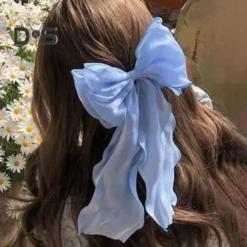 Женская заколка для волос из сетчатой пряжи, лента, бант, декоративная мультяшная заколка для волос с длинным хвостом, милые аксессуары для волос розовый