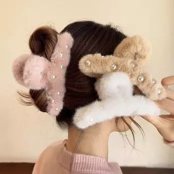 Женская заколка для волос с искусственным жемчугом, декоративная плюшевая заколка для волос с противоскользящими зубцами сзади хаки