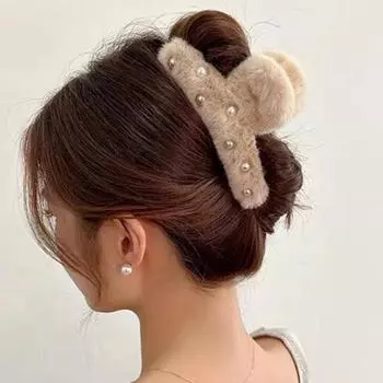 Женская заколка для волос с искусственным жемчугом, декоративная плюшевая заколка для волос с противоскользящими зубцами сзади чёрный
