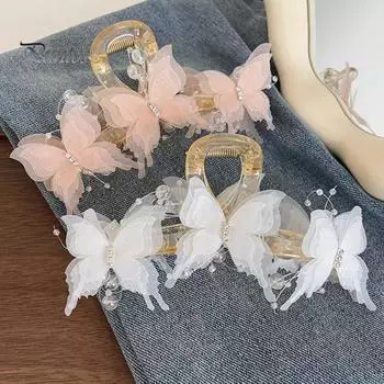 Женская заколка для волос с когтями из сетчатой пряжи, декор в виде бабочек, блестящие стразы, заколка для волос с противоскользящими зубцами, задняя часть головы, зажим для волос в виде акулы розовый