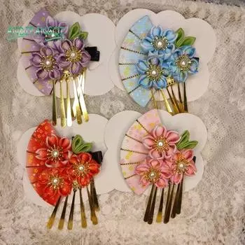 Женская заколка для волос с веером из искусственного жемчуга - декоративное традиционное японское платье, халат-кимоно, головные уборы для косплея для девочек, костюмная заколка для волос красный