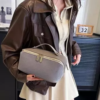 Женская замшевая косметичка, косметичка с несколькими карманами, водонепроницаемая косметичка, большая вместительная косметичка, простая косметичка серый