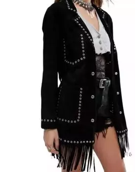 Женская замшевая кожаная куртка, черная, с заклепками и бахромой, длинная, стильная, ручная работа XS чёрный