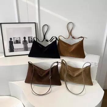 Женская замшевая PU кожаная сумка через плечо большой емкости, винтажная однотонная повседневная сумка-тоут для поездок на работу 36x6x21cm чёрный