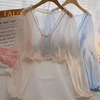 Женская защита от солнца Шифоновый кардиган Блузка с длинным рукавом на шнуровке Грибковая кромка Дышащая рубашка с кондиционером для работы Повседневная одежда Для вечеринок Путешествия розовый