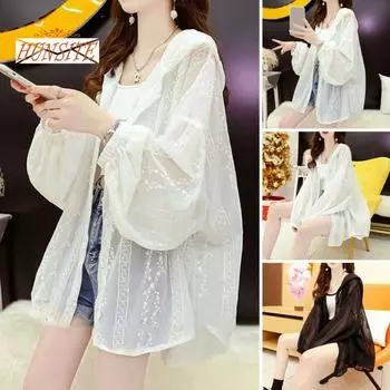 Женская защитная одежда из ледяного шелка с вышивкой и принтом от солнца, летняя тонкая шаль с капюшоном и длинными рукавами, анти-УФ-пальто с открытой передней частью S белый