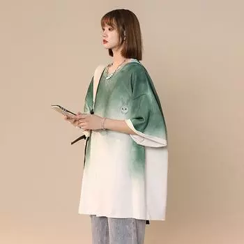 Женская зеленая футболка с акварельным принтом, летние длинные тонкие топы с принтом кроликов, свободные футболки с круглым вырезом и коротким рукавом M зелёный