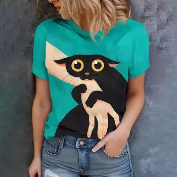 Женская зеленая футболка с рисунком мультяшного кота, повседневный летний стиль, круглый вырез, короткий рукав, топ для повседневной носки S