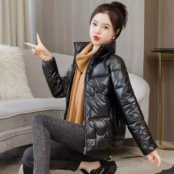 Женская зеленая глянцевая куртка с карманом на молнии и длинным рукавом, женская толстая верхняя одежда с воротником-стойкой L чёрный