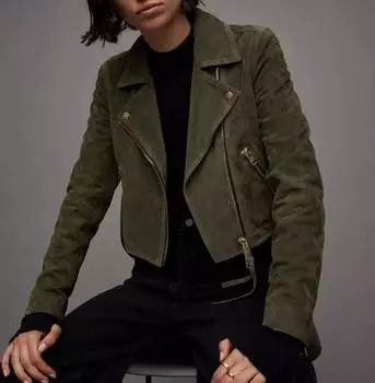 Женская зеленая куртка из натуральной мягкой замши, байкерская, повседневная, стильная, ручная работа XS зелёный