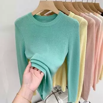 Женская зеленая трикотажная футболка с длинным рукавом - лето 2024 г. Прямое плечо, тонкий фасон One Size чёрный