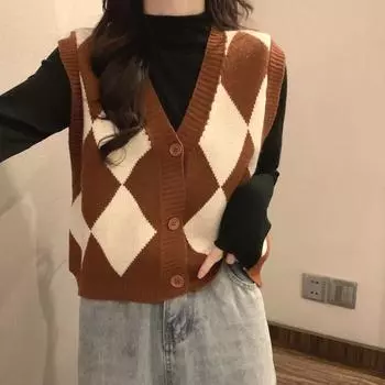 Женская зеленая винтажная трикотажная одежда Y2K без рукавов, вязанная блузка с v-образным вырезом, топы, жилет, свитер, кардиган в корейском стиле для женщин Onesize чёрный