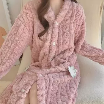 Женская жаккардовая фланелевая ночная рубашка и халат – осень/зима, средняя длина, коралловый флис L абрикосовый