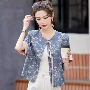 Женская жаккардовая куртка Tang в стиле ретро с вышивкой — облегающая, короткая, свободного кроя, летняя версия 2XL