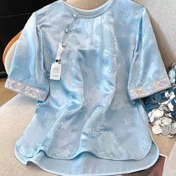 Женская жаккардовая вышитая рубашка 2025 новая атласная летняя взрывная с коротким рукавом с темпераментом и круглым вырезом M (under 50kg recommended) синий