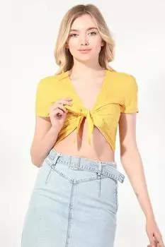 Женская желтая блуза с завязками в горошек