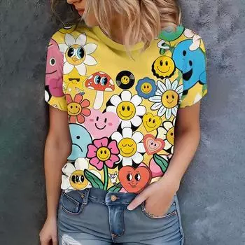 Женская желтая футболка с рисунком лиц и цветов, повседневный летний стиль, круглый вырез, короткий рукав, топ для повседневной носки S