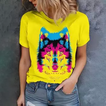 Женская желтая многослойная футболка с принтом волка в виде волка - Летняя футболка в стиле Art Avant-garde с круглым вырезом и коротким рукавом S