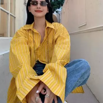 Женская желтая полосатая рубашка средней длины, свободные рубашки с длинными рукавами и солнцезащитным кремом, женский весенний кардиган с французскими лацканами M жёлтый