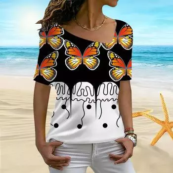 Женская женская футболка с 3D-бабочкой и принтом в горошек, фейерверком, цветением, нерегулярным воротником, с короткими рукавами и низом XS синий