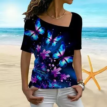 Женская женская футболка с 3D фиолетовым лунным светом и цветочным принтом, нерегулярным воротником, короткими рукавами и низом XS фиолетовый