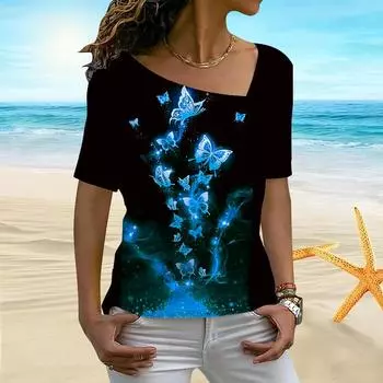 Женская женская футболка с 3D-ночным светящимся принтом бабочки и фейерверком с цветущим воротником нерегулярной формы и короткими рукавами XS фиолетовый