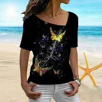 Женская женская футболка с 3D-принтом бабочки и неровным вырезом и короткими рукавами XS золотой