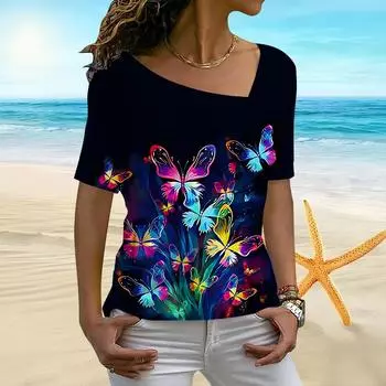Женская женская футболка с 3D-принтом «Букет бабочек» и нестандартным вырезом, с короткими рукавами и низом XS синий